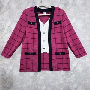 Vtg 80s Womens BLAZER And Vest 2-in-1 Long Preppy Pink Plaid JACKET SZ 14